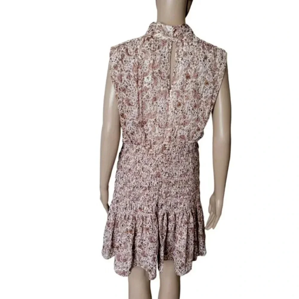 House of Harlow SHONA JOY Colette MockNeck Smocked Paisley Metallic Mini Dress L - Picture 6 of 10